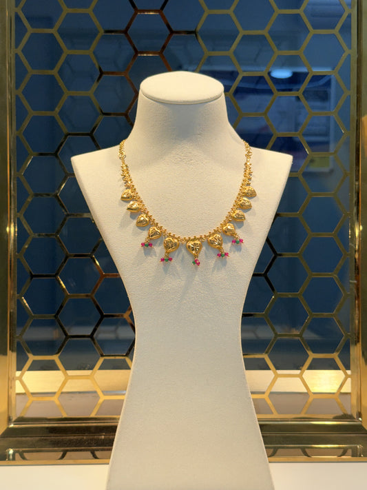 22ct Gold Heart Charm Necklace with Coloured Stone Drops