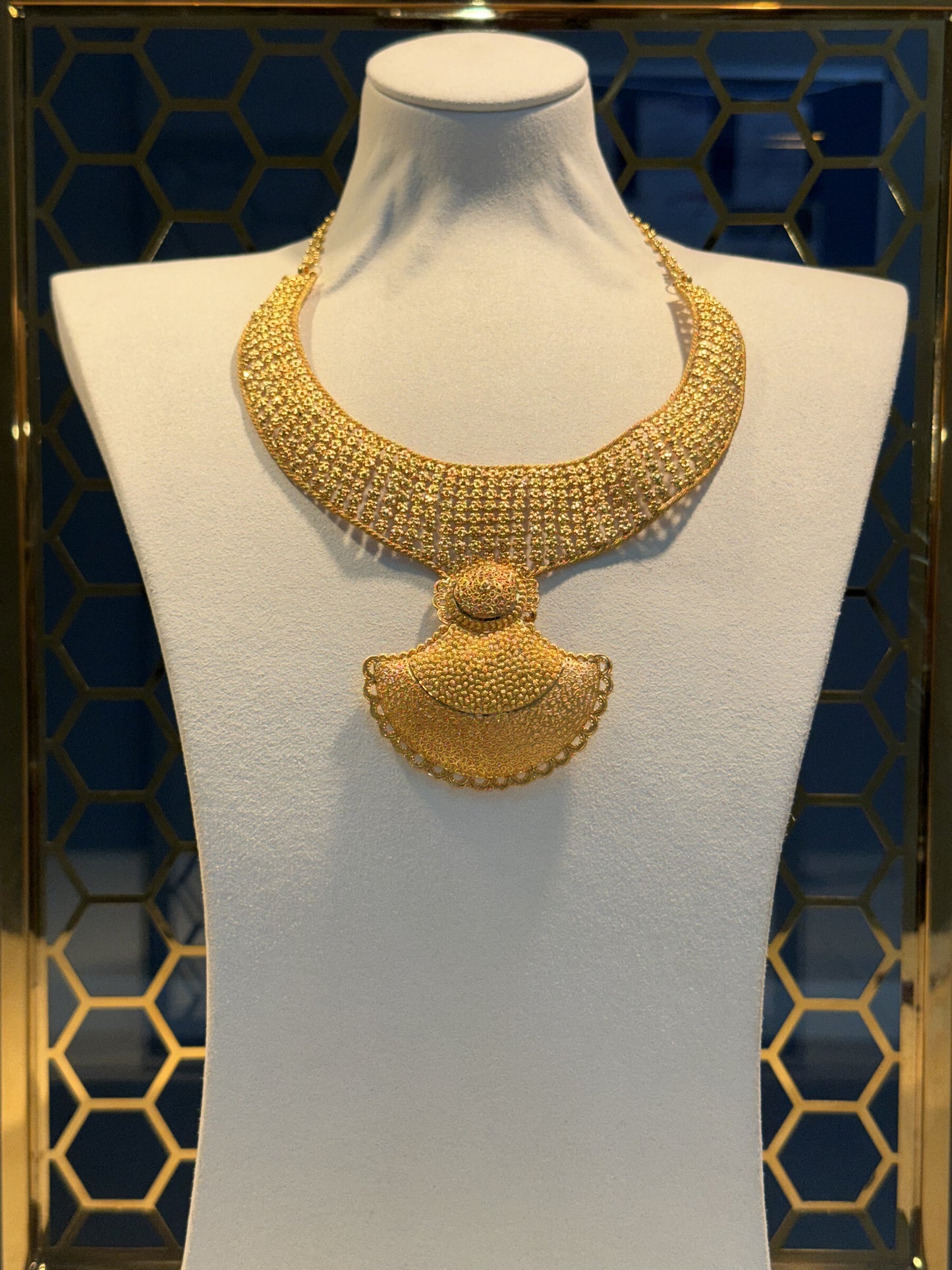 22ct Gold Textured Bib Necklace with Ornate Pendant
