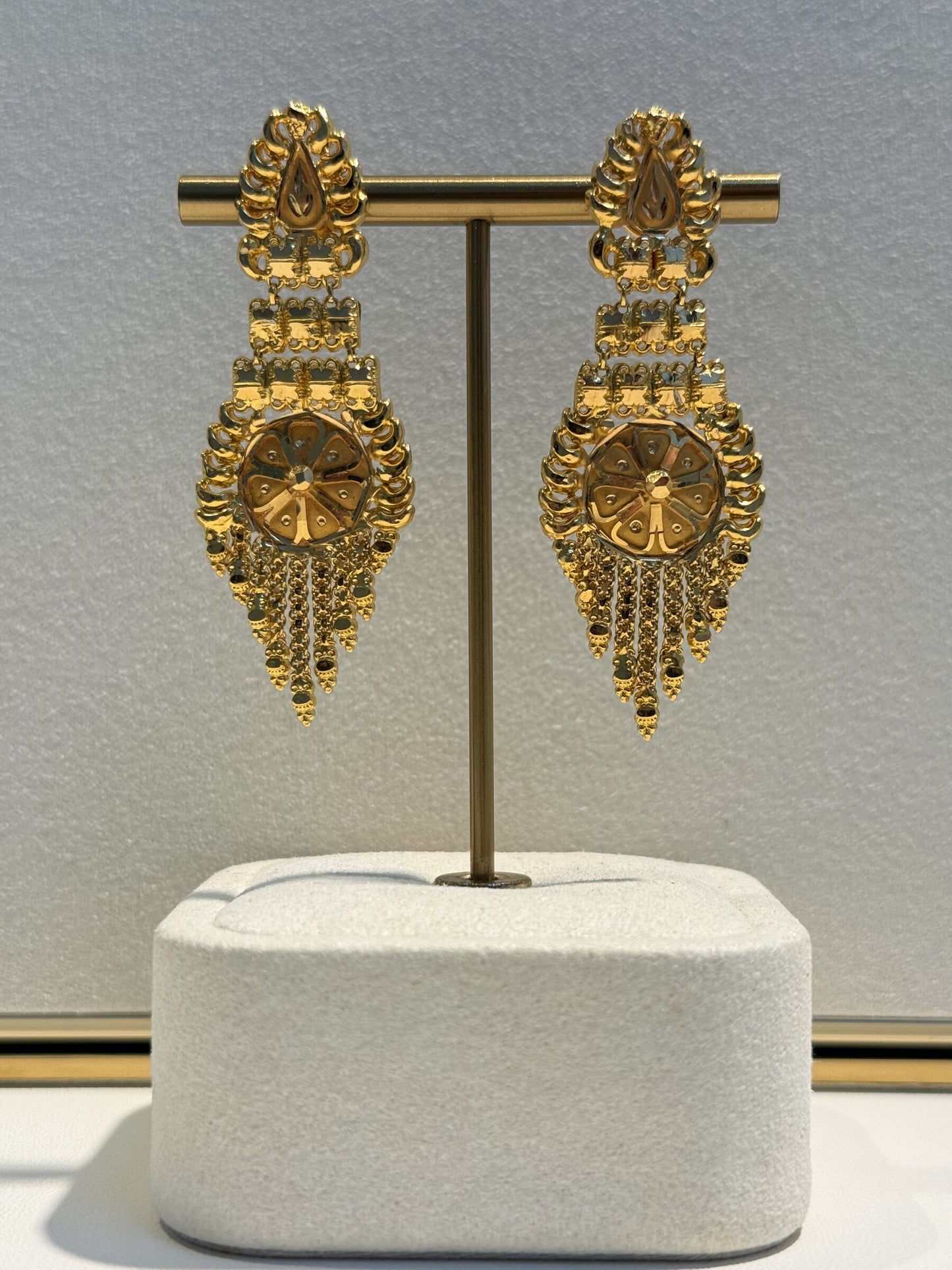 22ct Gold Ornate Teardrop Earrings with Fan Detail and Tassels