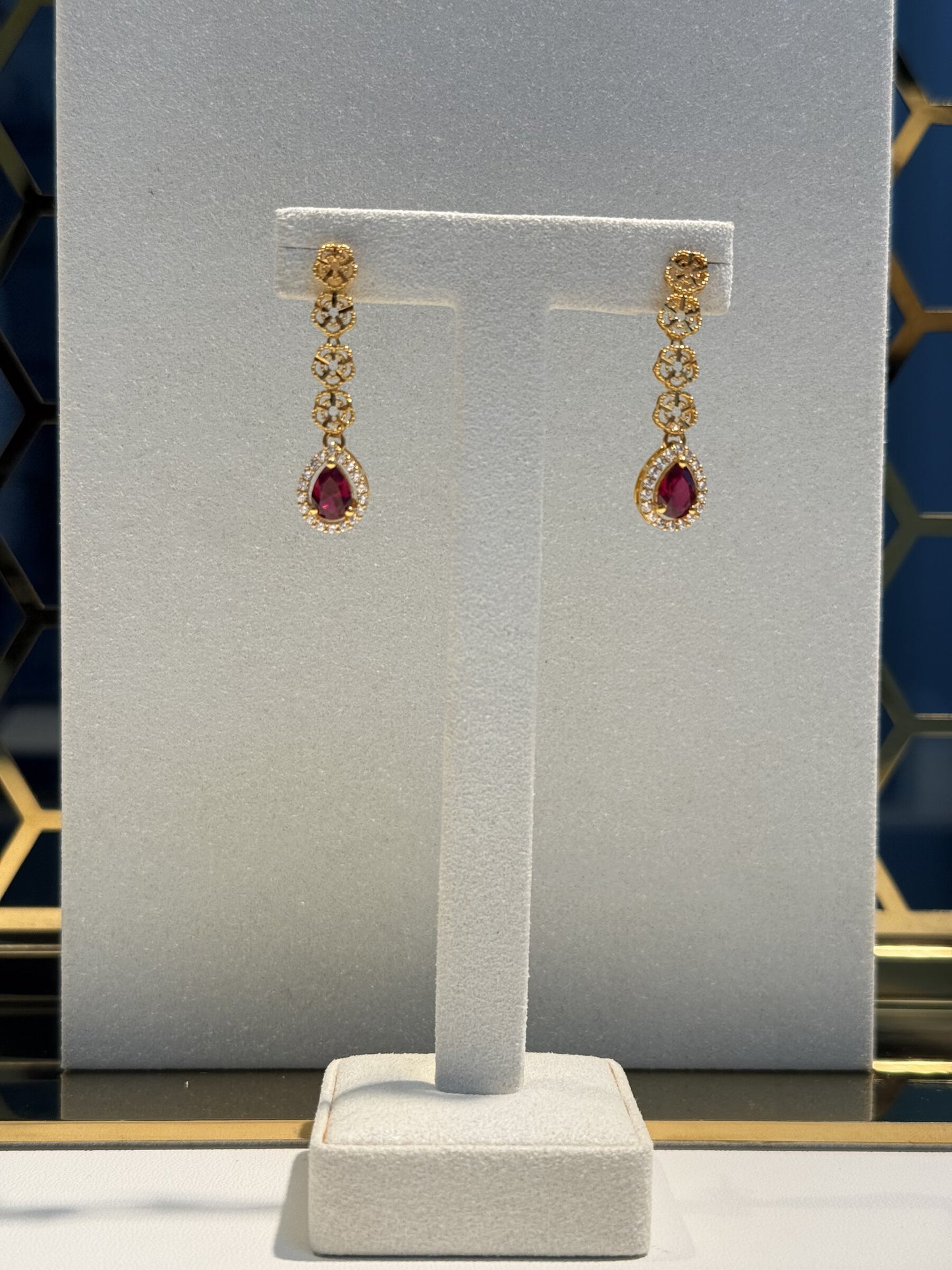 22ct Gold Drop Earrings with Red Teardrop Stones
