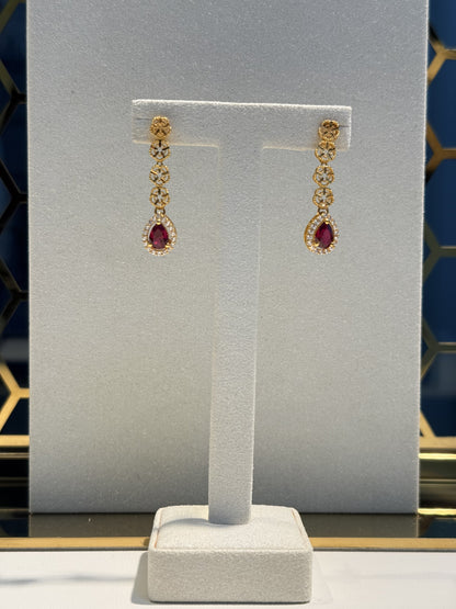 22ct Gold Drop Earrings with Red Teardrop Stones