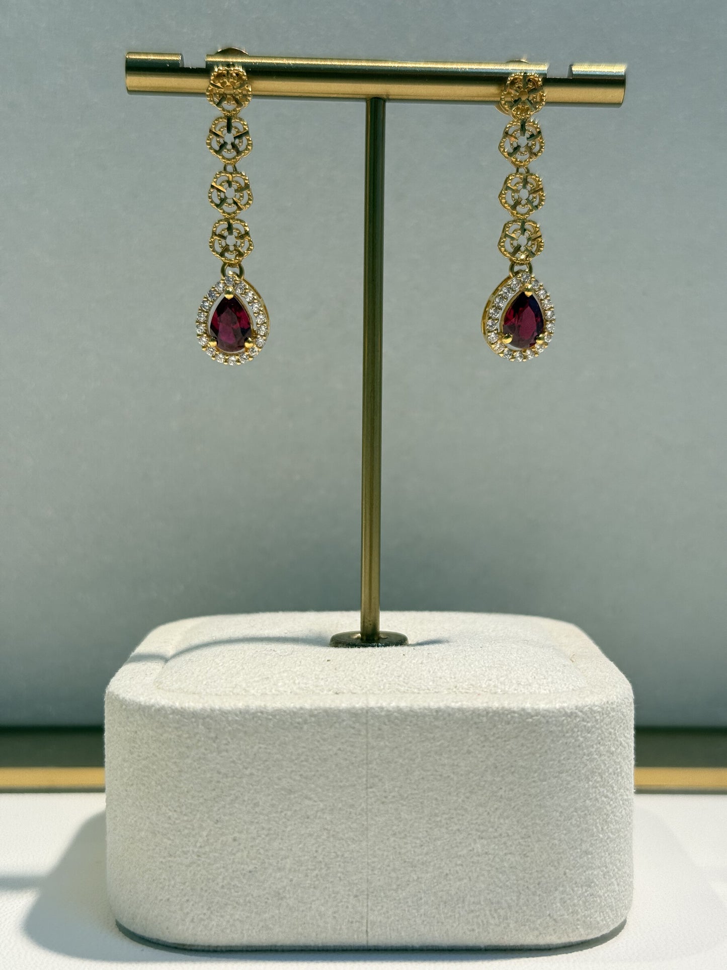 22ct Gold Drop Earrings with Red Teardrop Stones