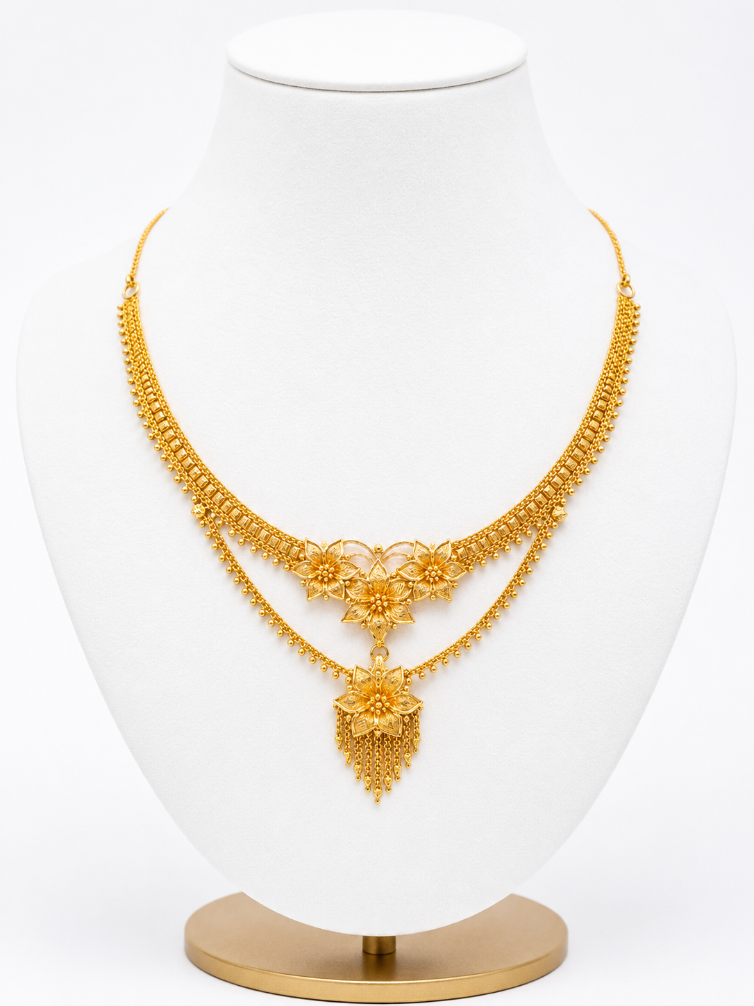 22ct Gold Floral Multi-Strand Necklace with Fringe Pendant