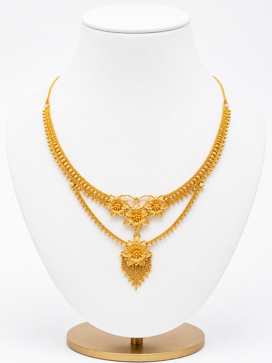 22ct Gold Floral Multi-Strand Necklace with Fringe Pendant