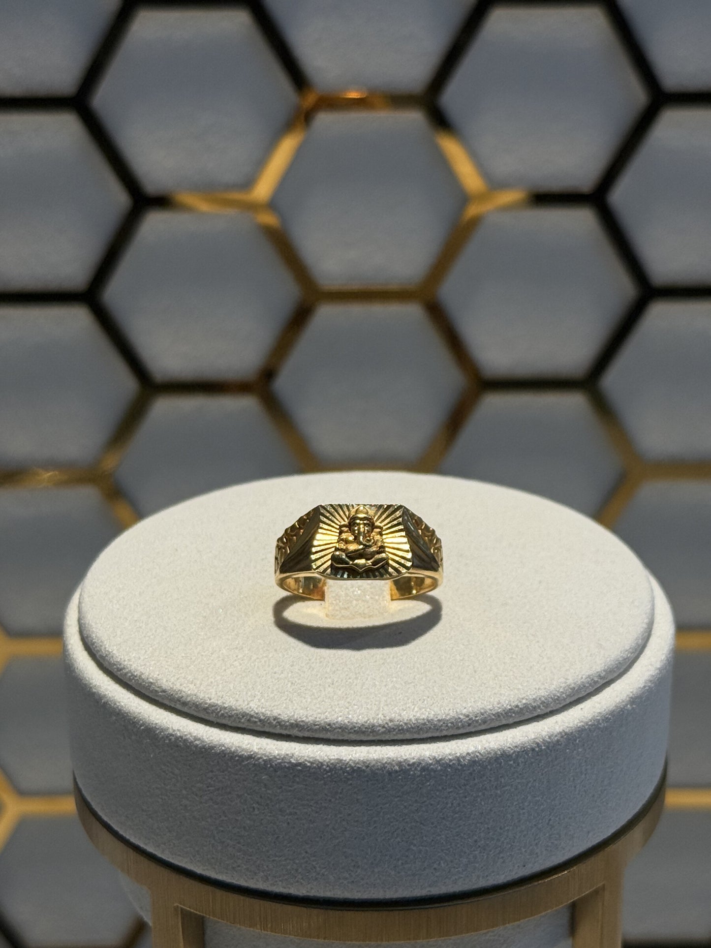 22ct Gold Ganesha Engraved Signet Ring with Sunburst Detail