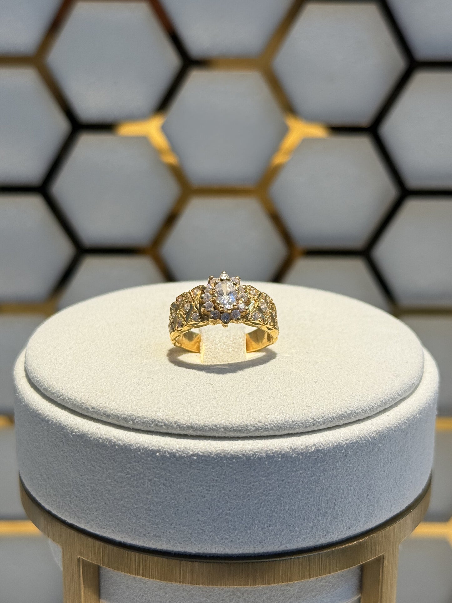 22ct Gold Cluster Ring with Clear Stones and Ornate Shoulders