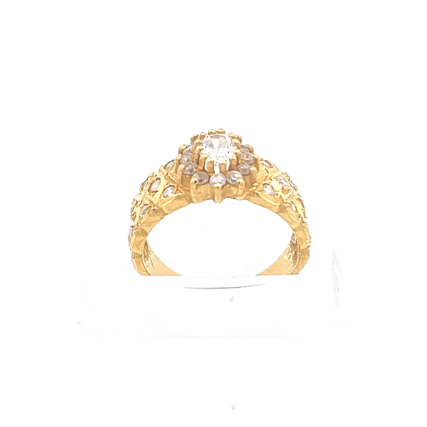 22ct Gold Cluster Ring with Clear Stones and Ornate Shoulders