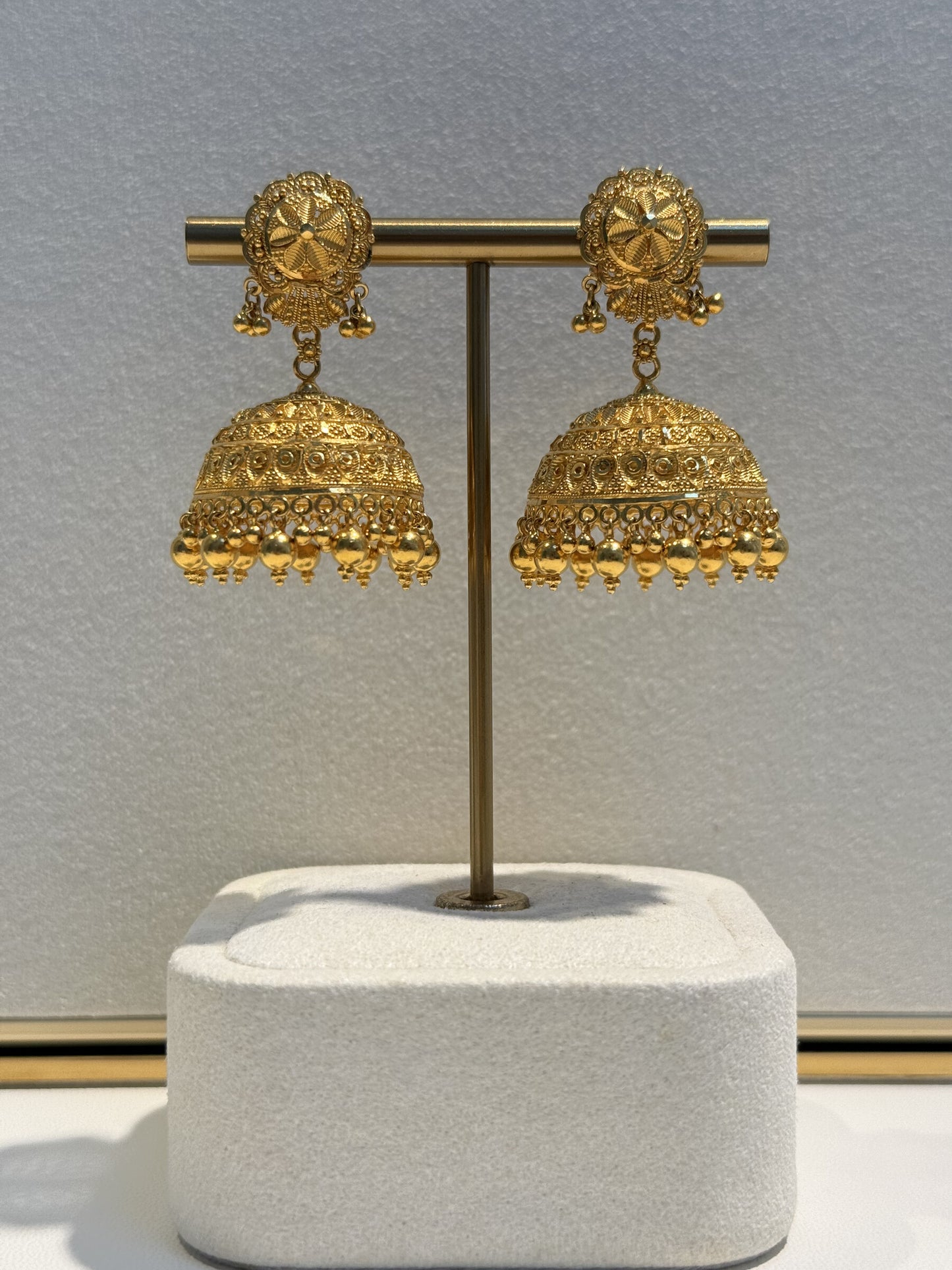 22ct Gold Filigree Dome Jhumka Earrings with Bell Drops