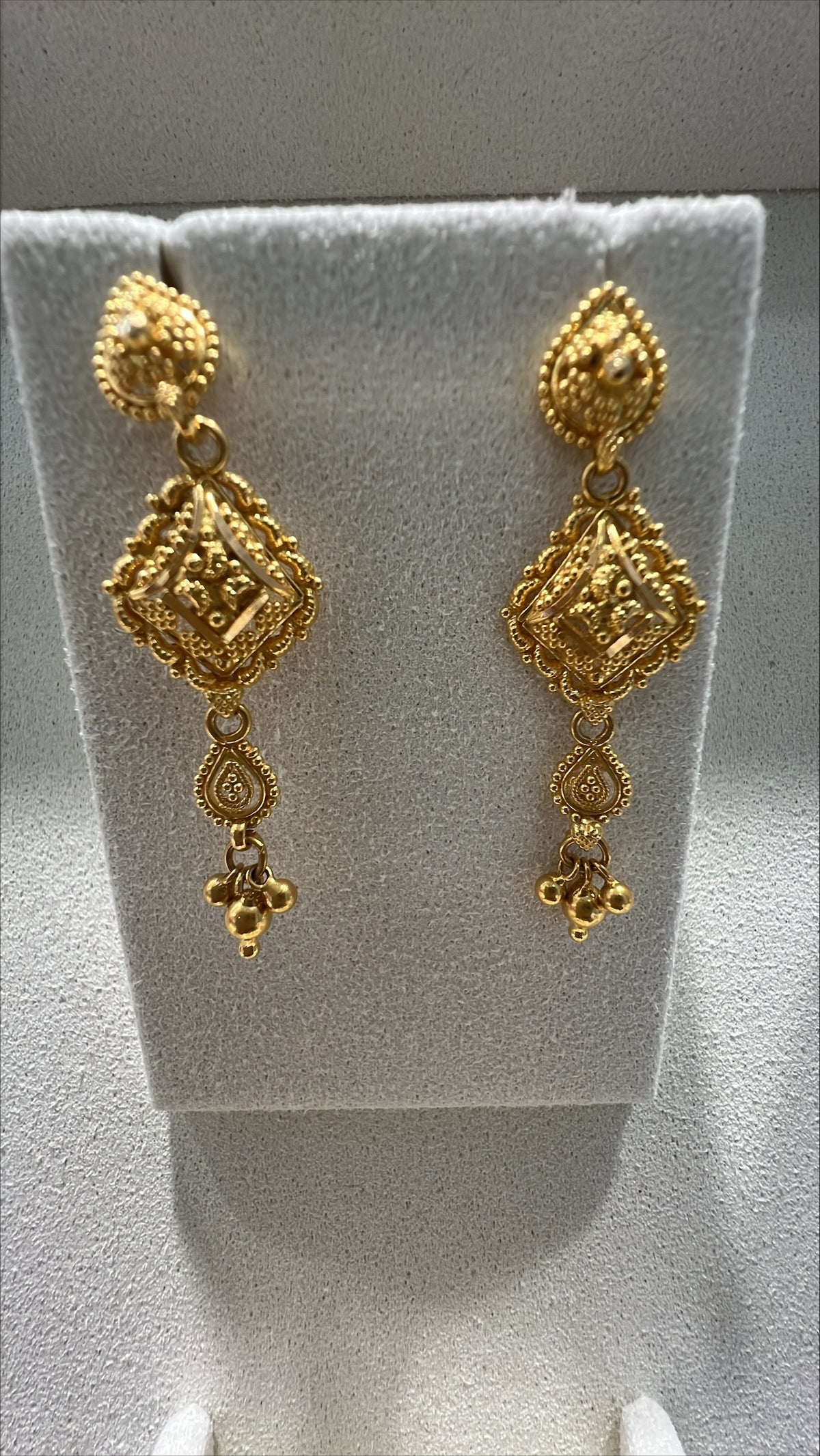 22ct Gold Filigree Geometric Drop Earrings with Beaded Details