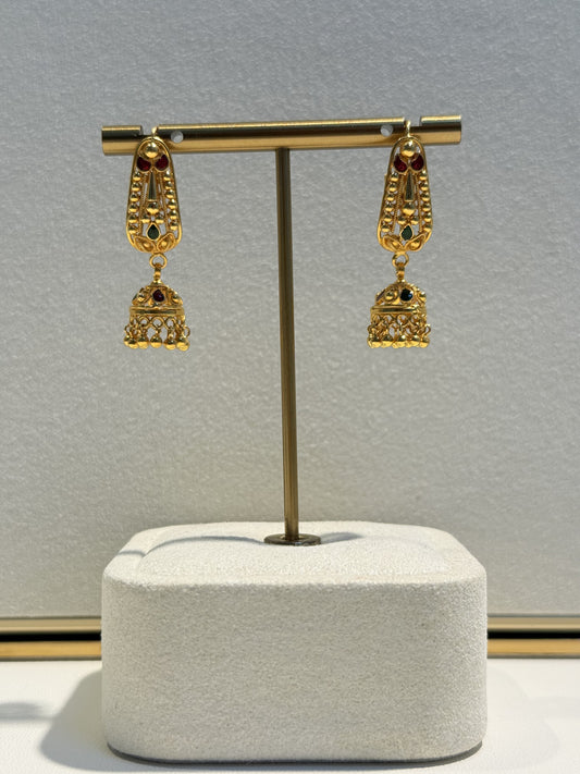 22ct Gold Filigree Jhumka Drop Earrings with Coloured Stones