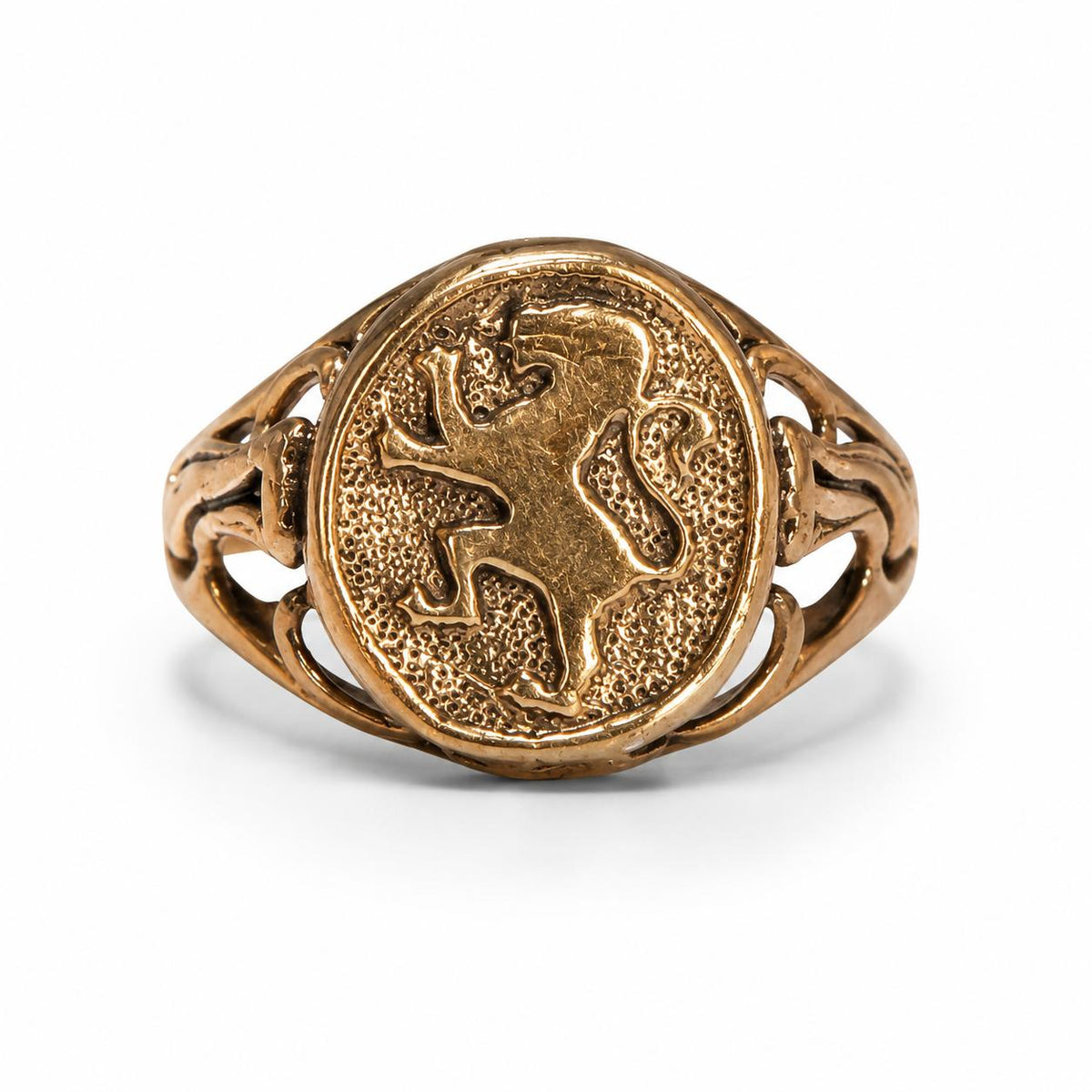 9ct Gold Oval Signet Ring with Textured Medallion and Openwork Shoulders