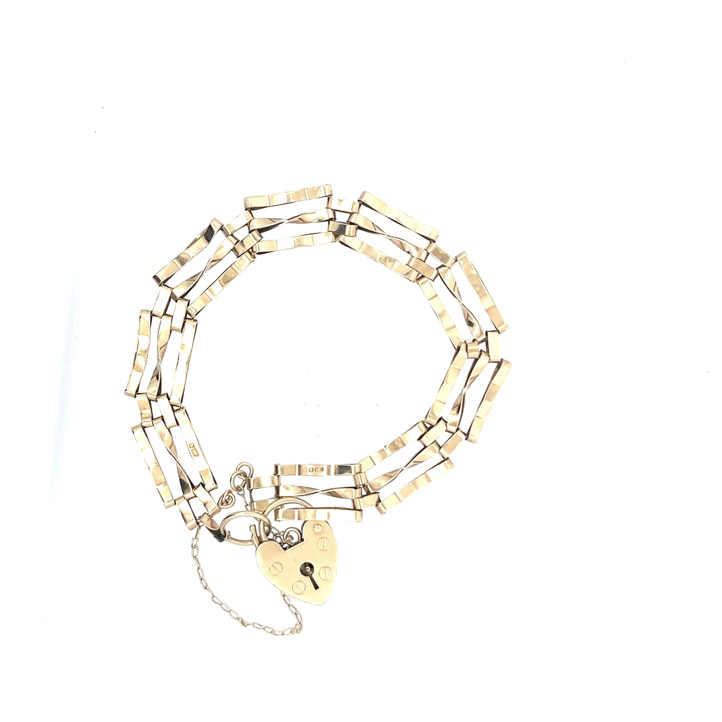 9ct Gold Multi-Strand Rectangular Link Bracelet with Heart Padlock