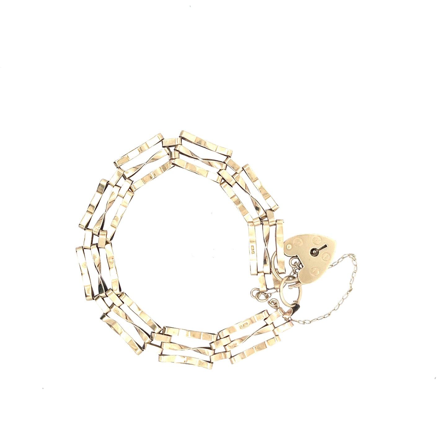 9ct Gold Multi-Strand Rectangular Link Bracelet with Heart Padlock
