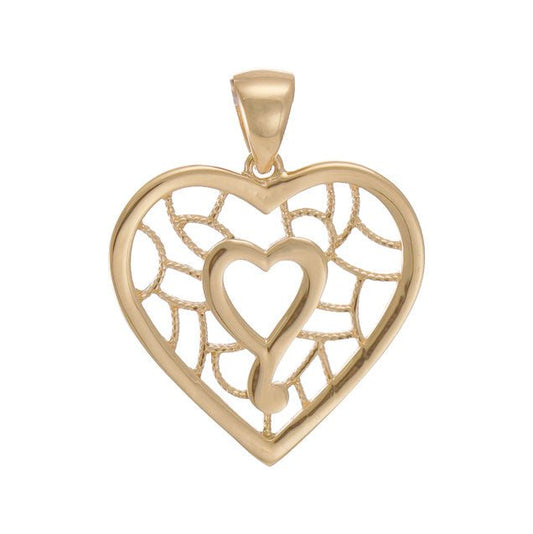 14ct Solid Gold Patterned Double Heart Pendant - 27mm PD60105 - 14Y - FJewellery