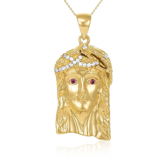 14ct Solid Gold Red Gem-Set Jesus Head Pendant - 48mm PD60008-14Y - FJewellery