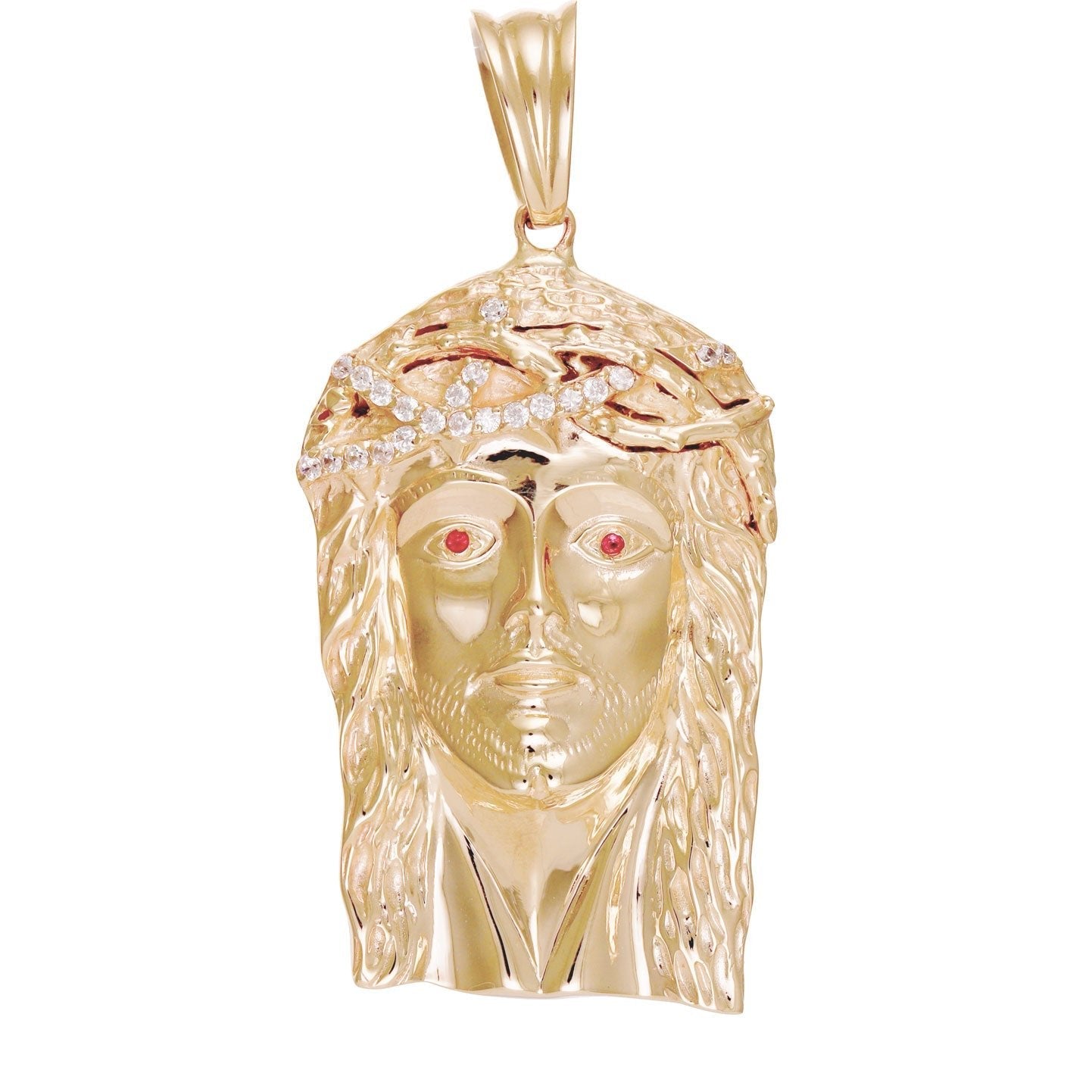 14ct Solid Gold Red Gem-Set Jesus Head Pendant - 79mm PD60013-14Y - FJewellery