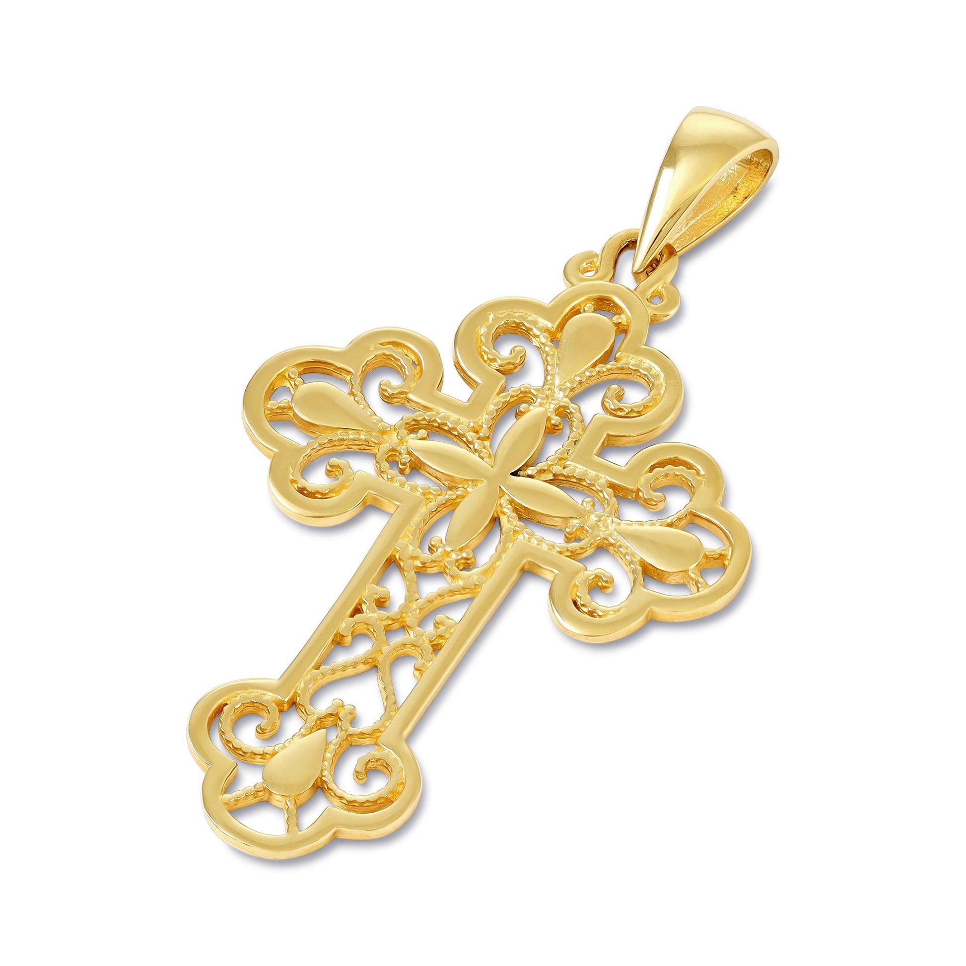 14ct Solid Gold Traditional Patterned Cross Pendant - 33mm PD60081-14Y - FJewellery