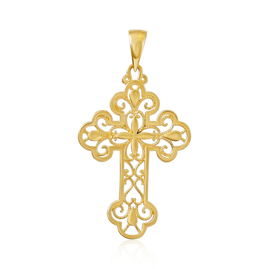 14ct Solid Gold Traditional Patterned Cross Pendant - 33mm PD60081-14Y - FJewellery