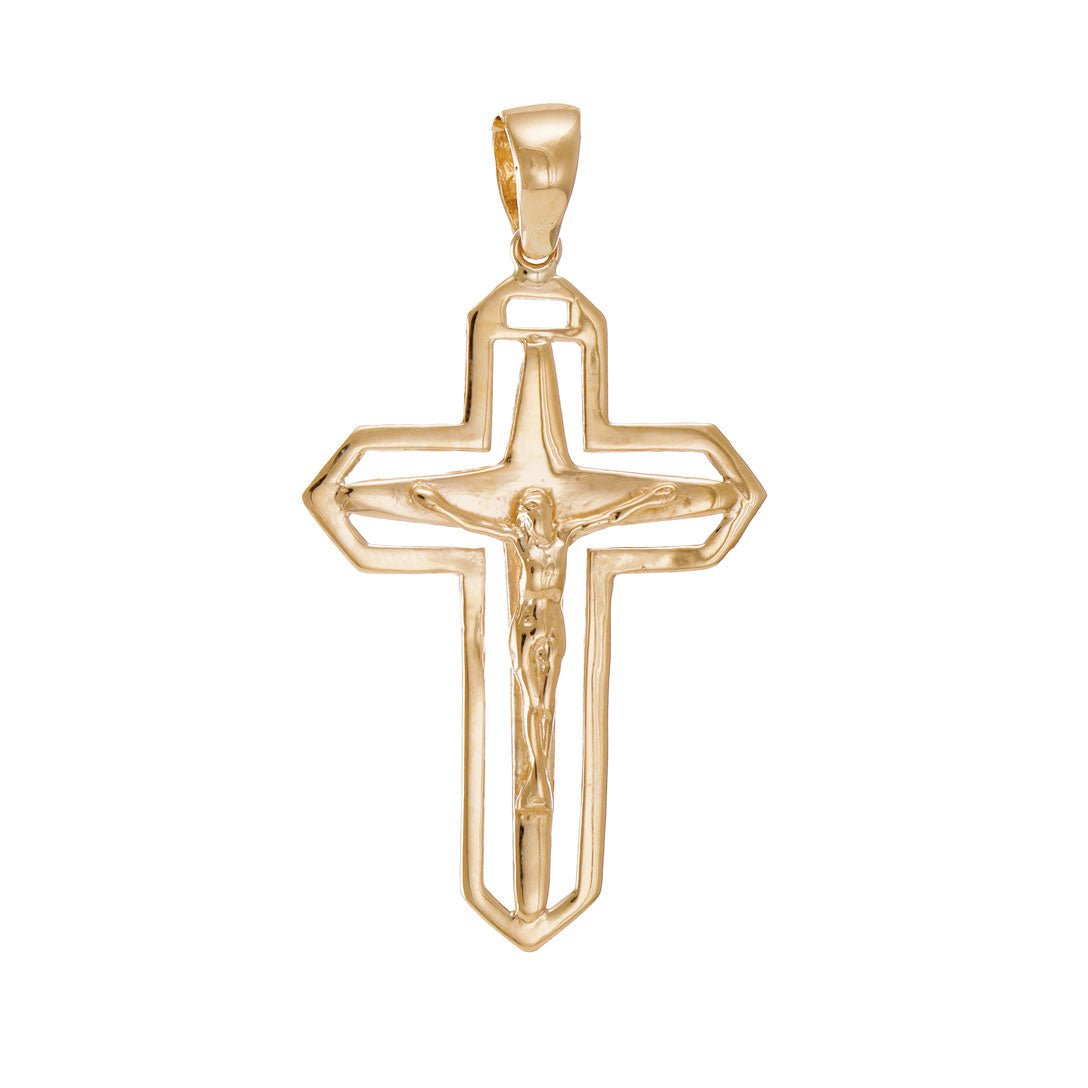14ct Solid Gold Unique Crucifix Double Cross Pendant - 45mm PD60088-14Y - FJewellery