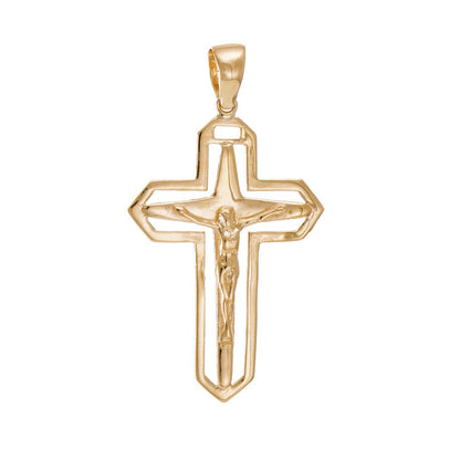 14ct Solid Gold Unique Crucifix Double Cross Pendant - 45mm PD60088-14Y - FJewellery