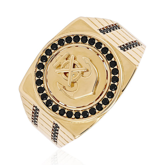 14ct Yellow Gold Anchor Signet Ring with Black Stonces - FJewellery
