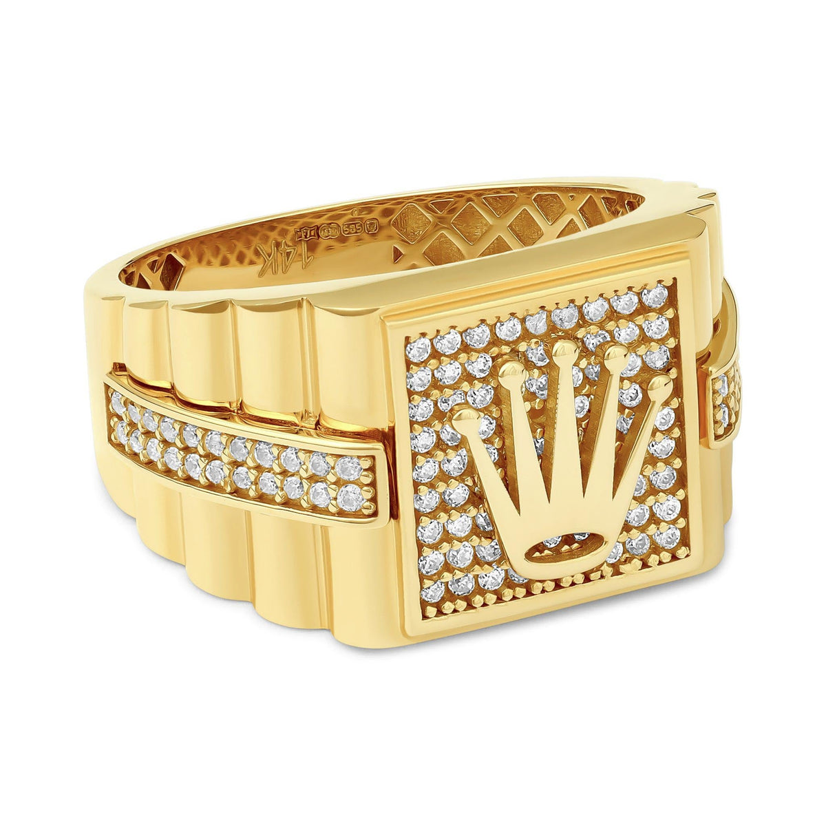 14ct Yellow Gold Cubic Zirconia Crown Signet Ring - FJewellery