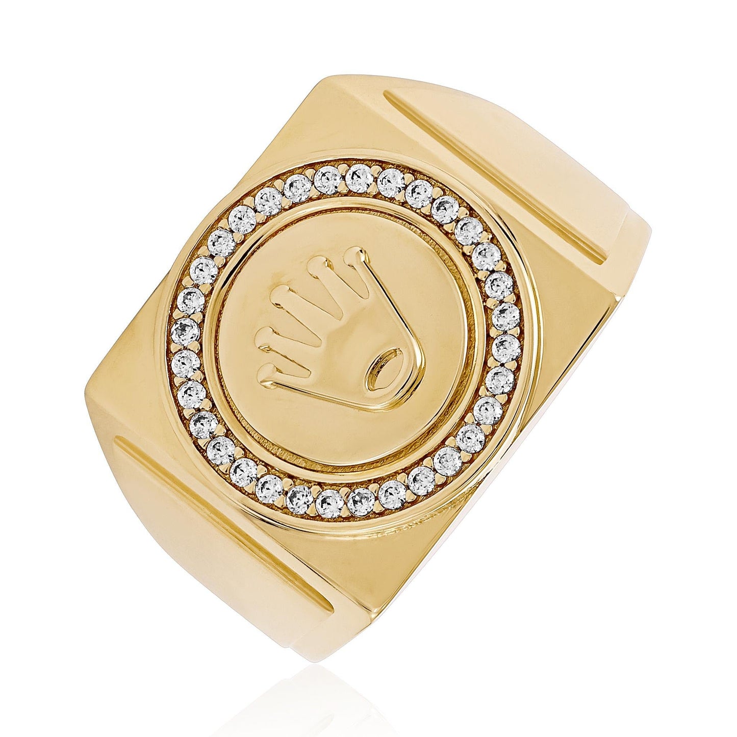 14ct Yellow Gold Cubic Zirconia Crown Signet Ring - FJewellery