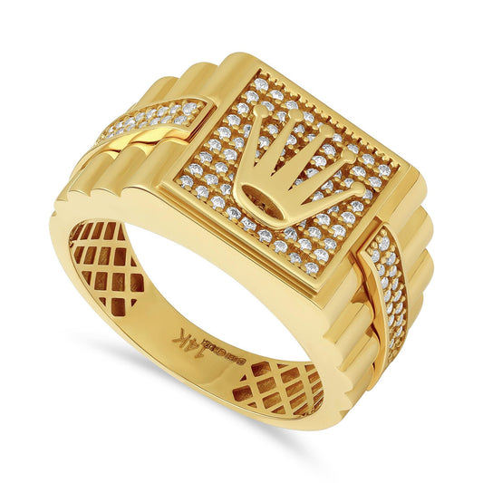 14ct Yellow Gold Cubic Zirconia Crown Signet Ring - FJewellery