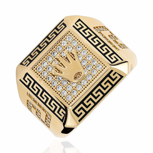 14ct Yellow Gold Cubic Zirconia Crown Signet Ring - FJewellery