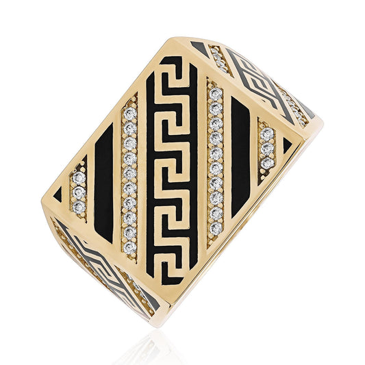 14ct Yellow Gold Cubic Zirconia Greek Key Signet Ring - FJewellery