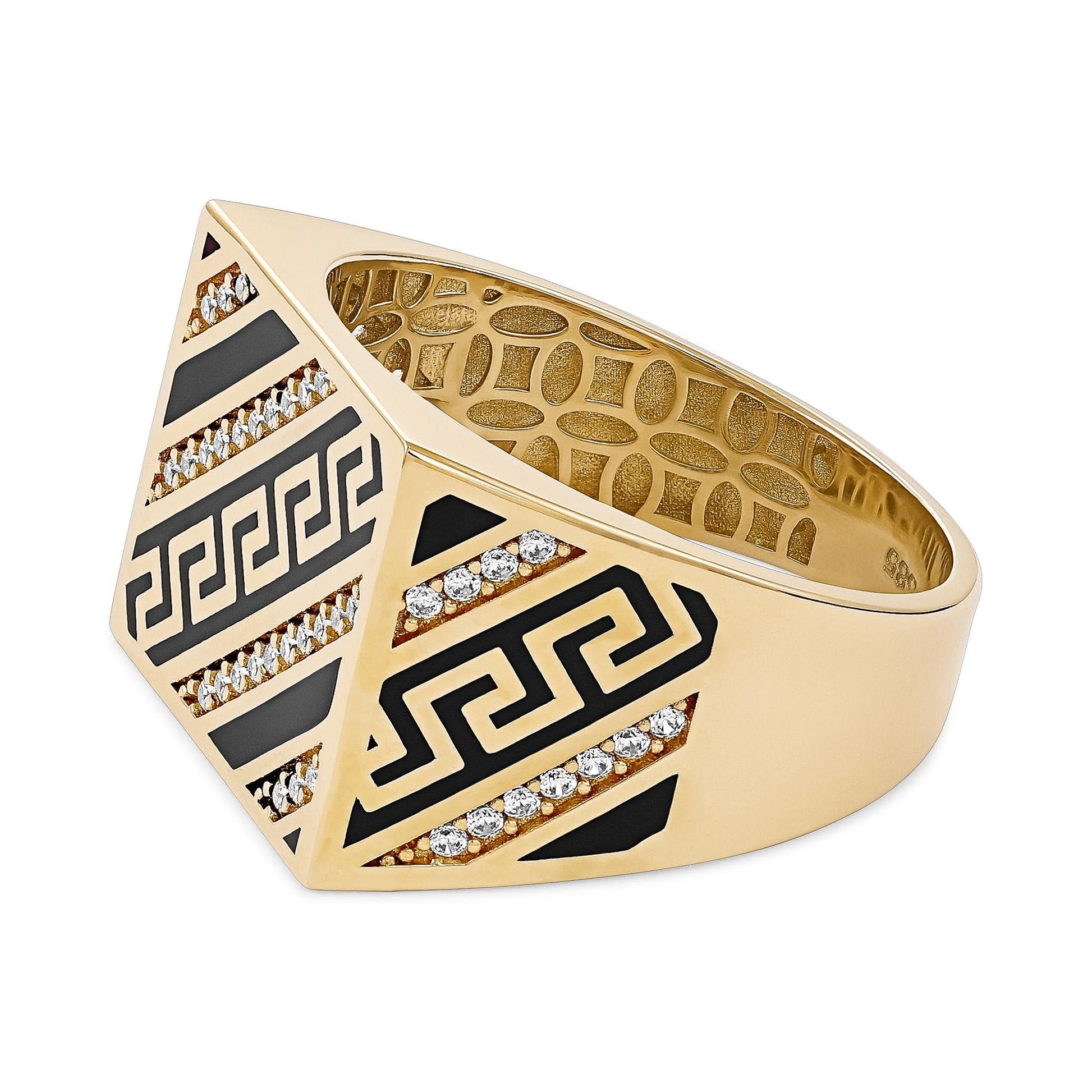 14ct Yellow Gold Cubic Zirconia Greek Key Signet Ring - FJewellery