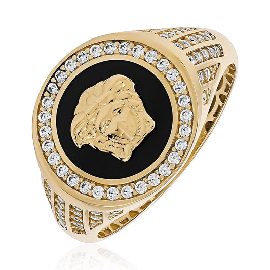14ct Yellow Gold Cubic Zirconia Medusa Head Signet Ring - FJewellery