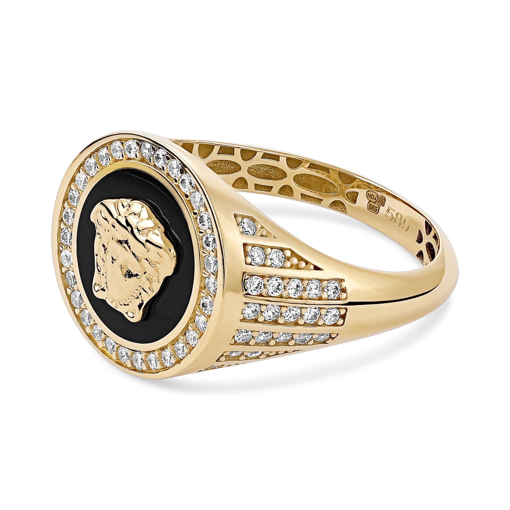 14ct Yellow Gold Cubic Zirconia Medusa Head Signet Ring - FJewellery