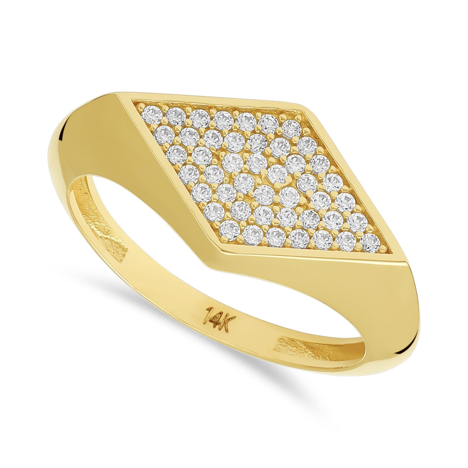 14ct Yellow Gold Cubic Zirconia Rhombus Shape Signet Ring - FJewellery