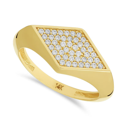 14ct Yellow Gold Cubic Zirconia Rhombus Shape Signet Ring - FJewellery