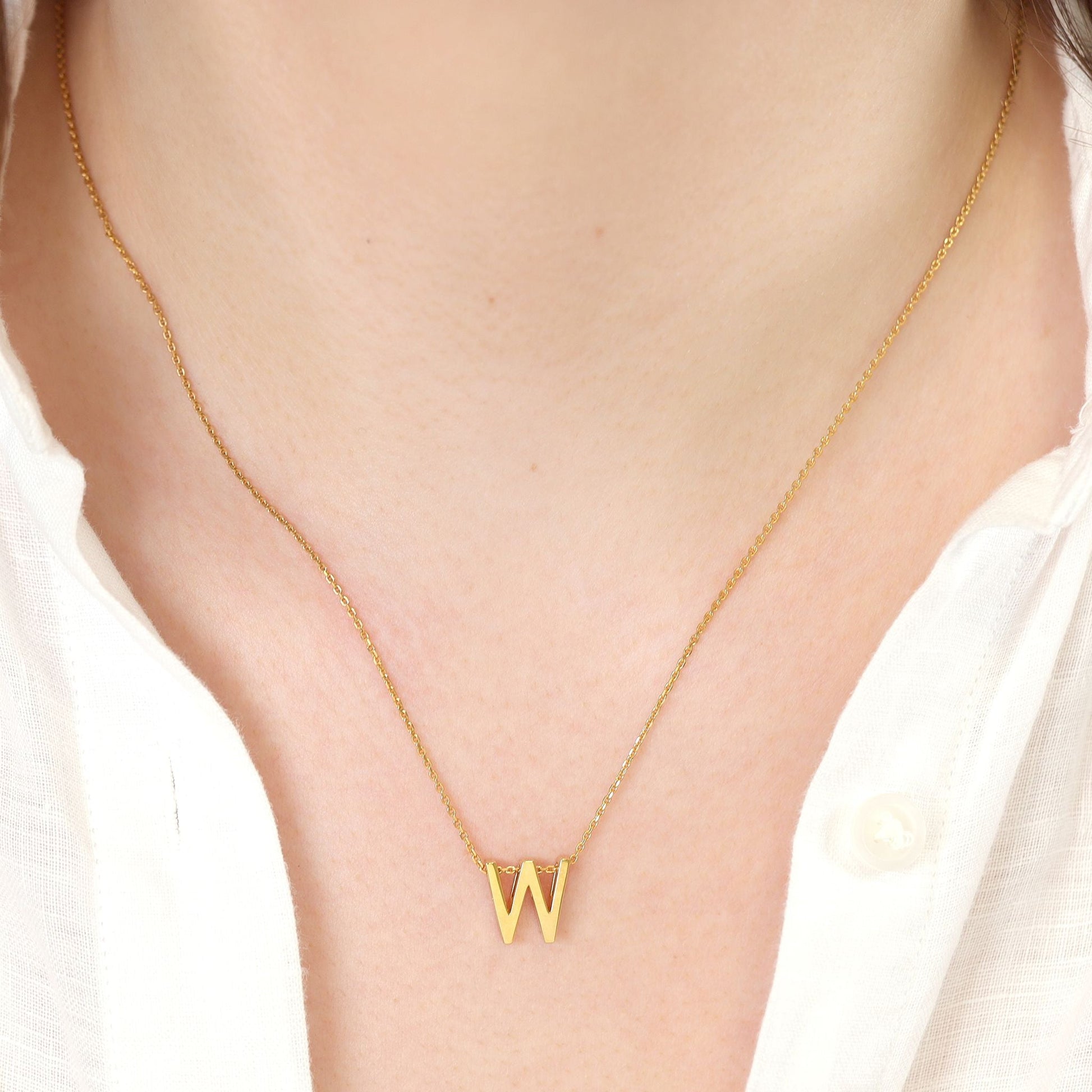 18ct 1 micron gold plated Initial W Necklace PSJCNP - WG - FJewellery