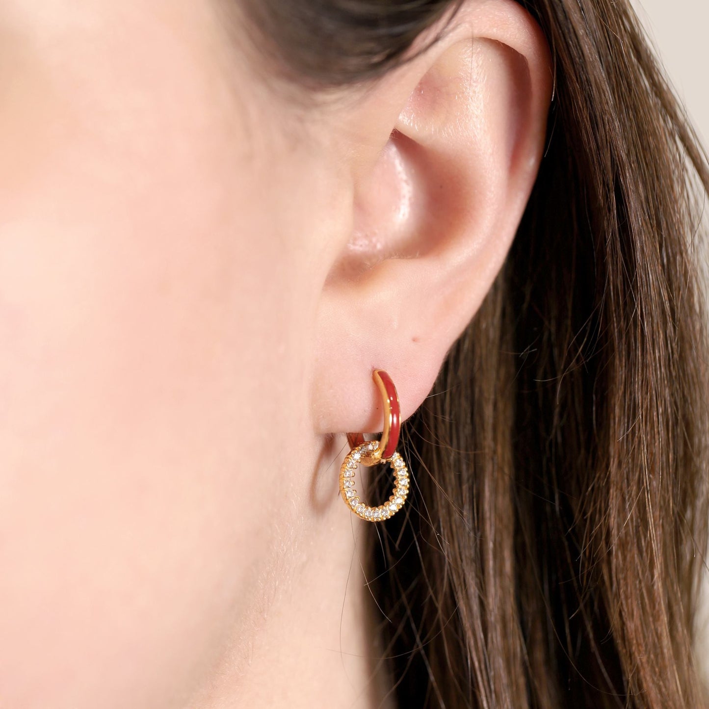 18ct 1 micron gold plated silver Enamel hoop Cubic zirconia earrings PER3003B - FJewellery