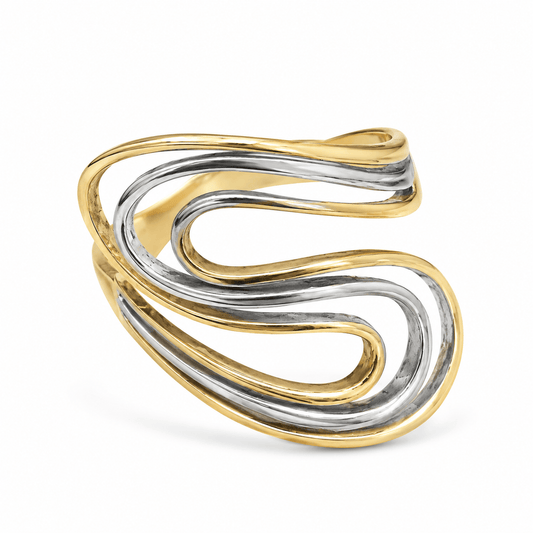 18ct Gold Two-Tone Sculptural Wave Band Ring - FJewellery