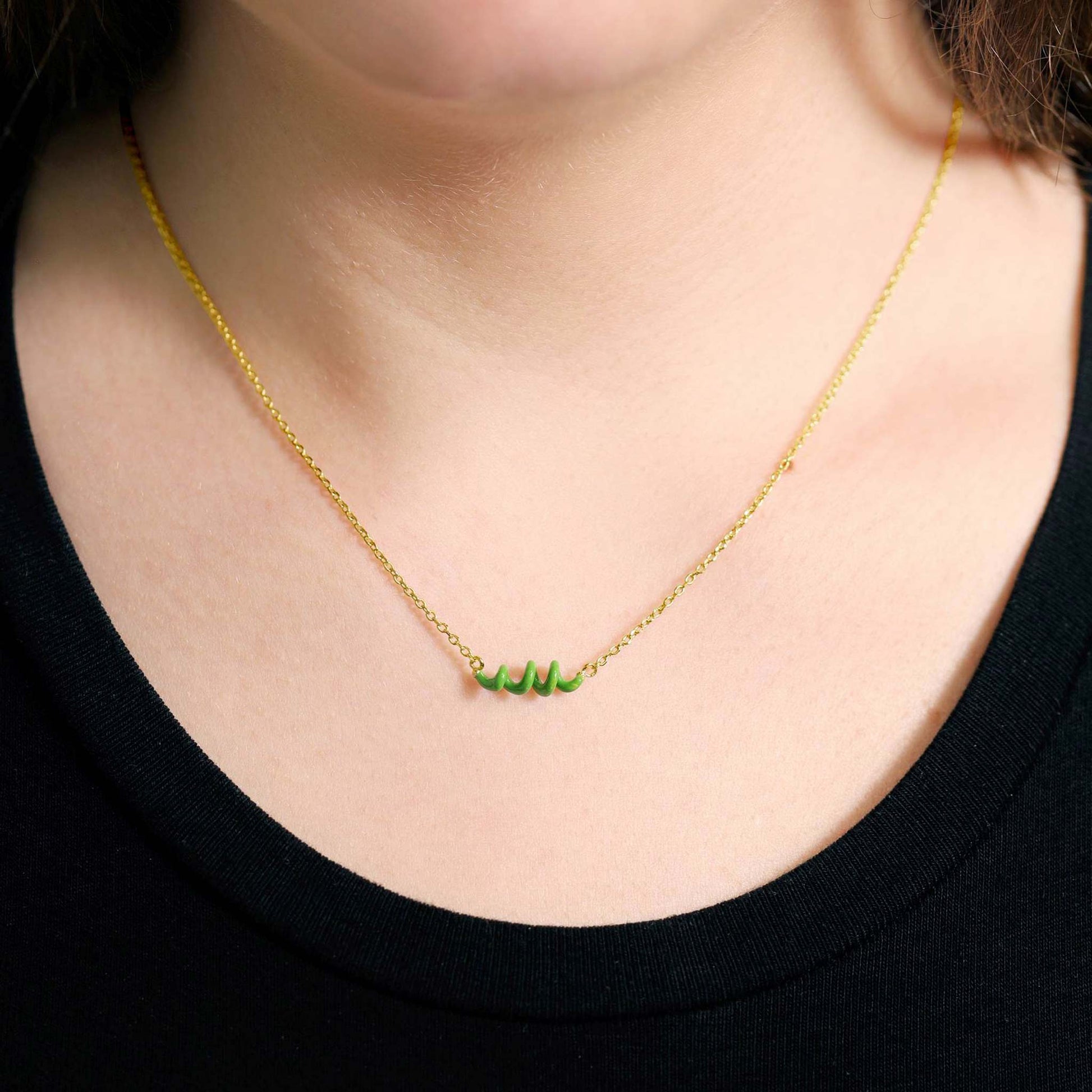 18ct Solid 1 Micron Gold Plated Necklace With Green Enamel Twist PNK3001G - FJewellery