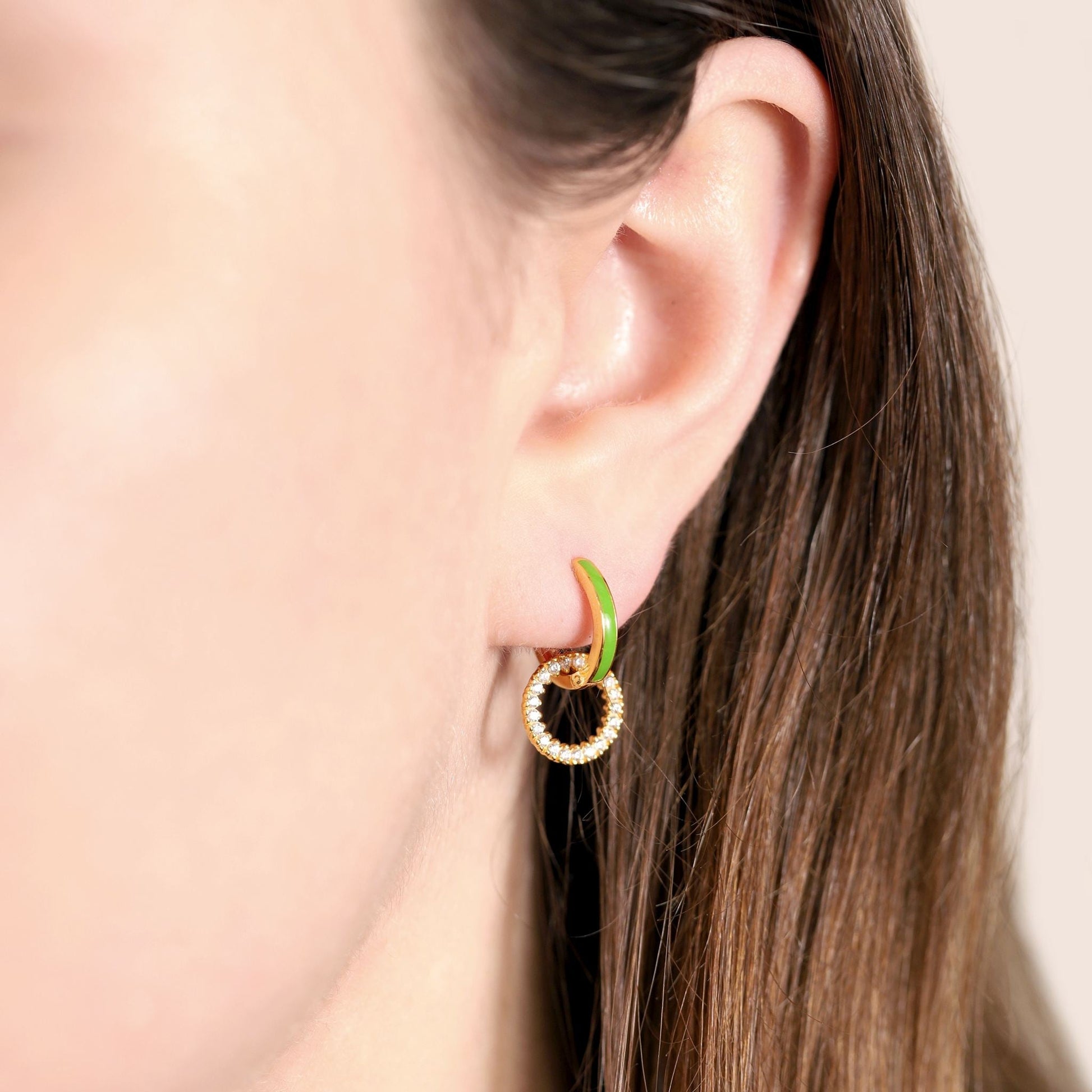 18ct Solid 1 Micron Gold Plated Silver Green Enamel Hoop Cubic Zirconia Earrings PER3003G - FJewellery