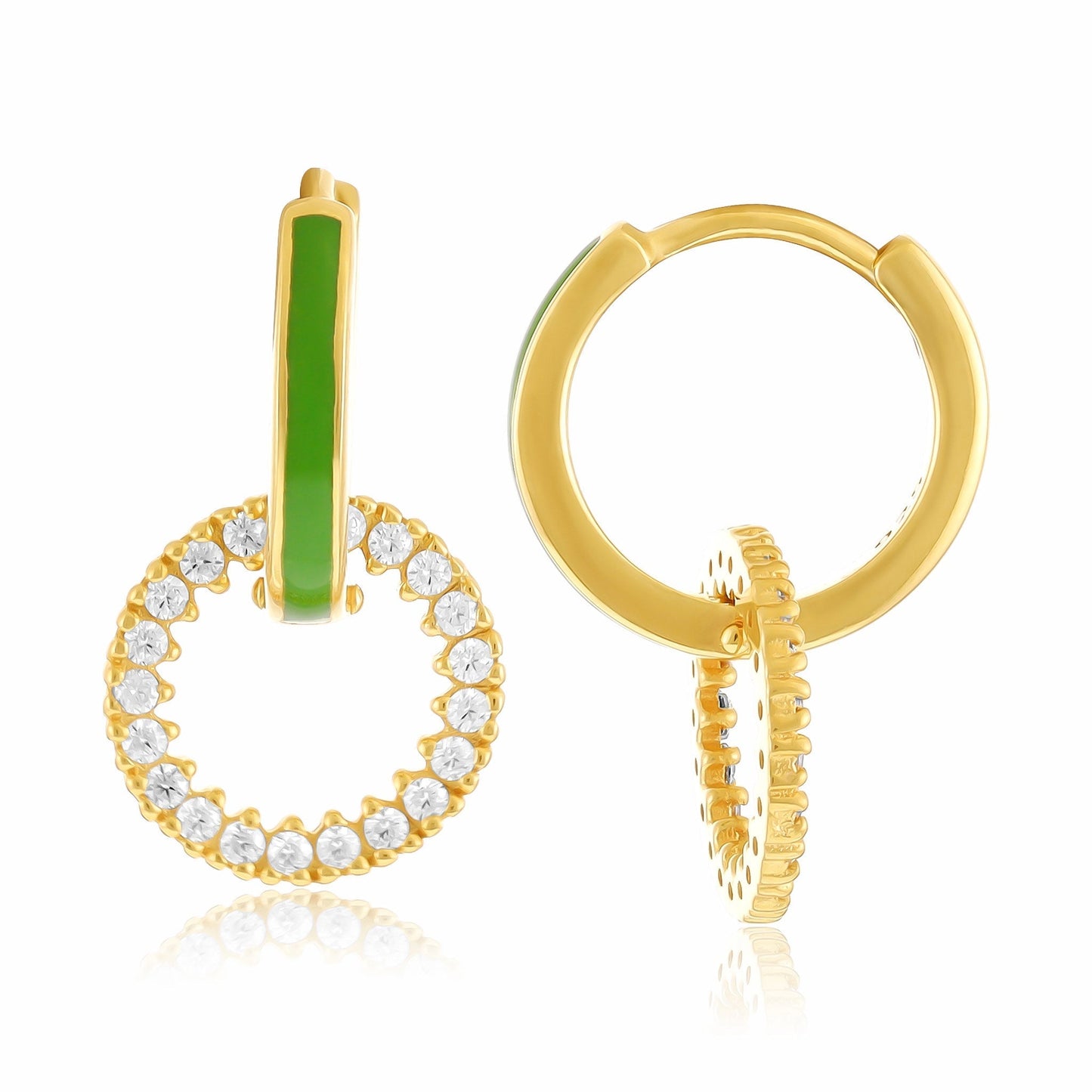 18ct Solid 1 Micron Gold Plated Silver Green Enamel Hoop Cubic Zirconia Earrings PER3003G - FJewellery