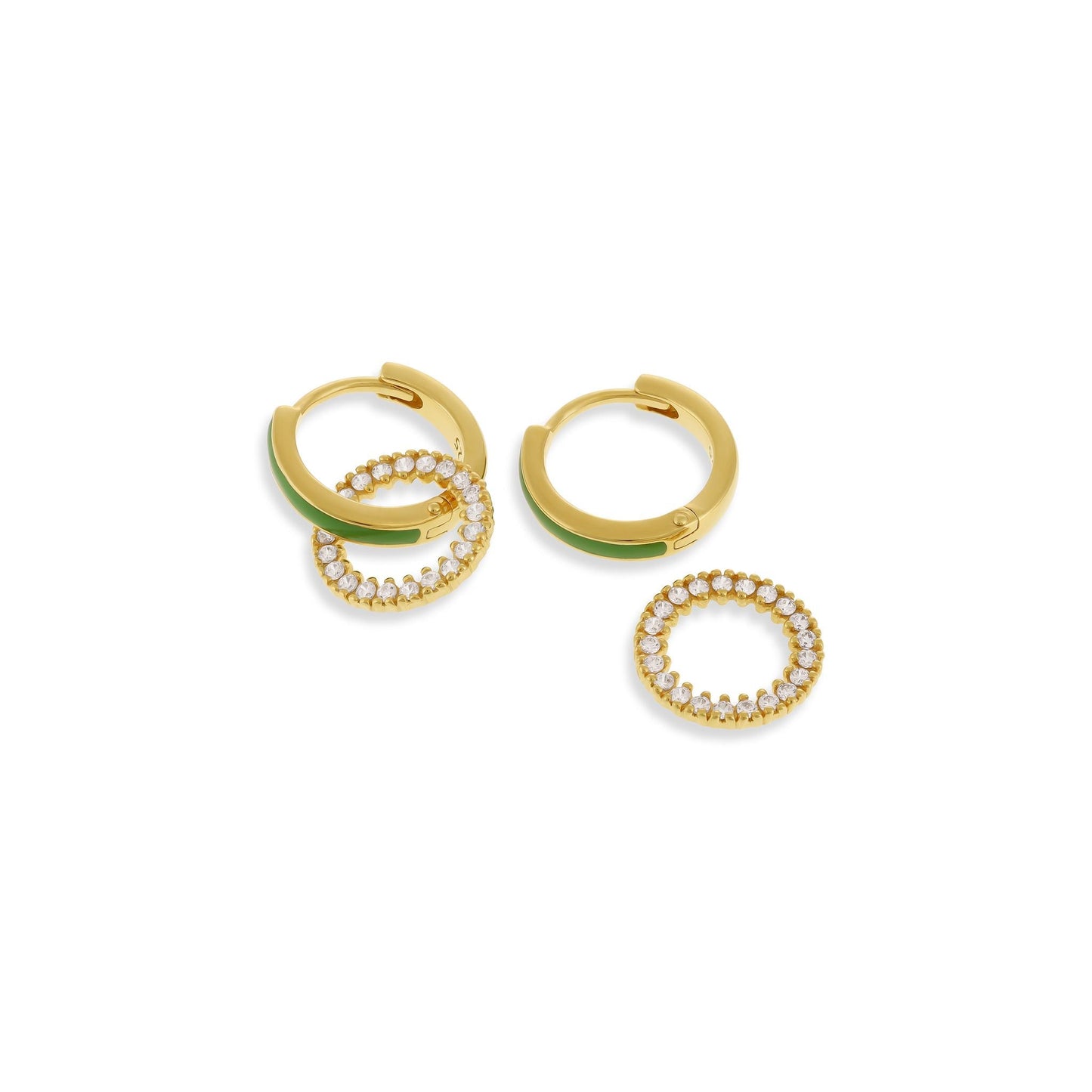 18ct Solid 1 Micron Gold Plated Silver Green Enamel Hoop Cubic Zirconia Earrings PER3003G - FJewellery