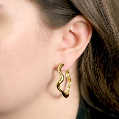 18ct Solid 1 Micron Gold Plated Sterling Silver Wavy Hoop Earrings PER3008 - FJewellery