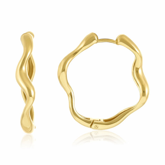 18ct Solid 1 Micron Gold Plated Sterling Silver Wavy Hoop Earrings PER3008 - FJewellery