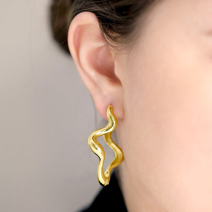 18ct Solid 1 Micron Gold Plated Sterling Silver Wavy Hoop Earrings PER3011 - FJewellery