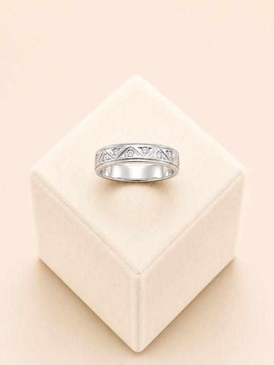 18ct White Gold Ring with Geometric Clear Stone Motifs - FJewellery