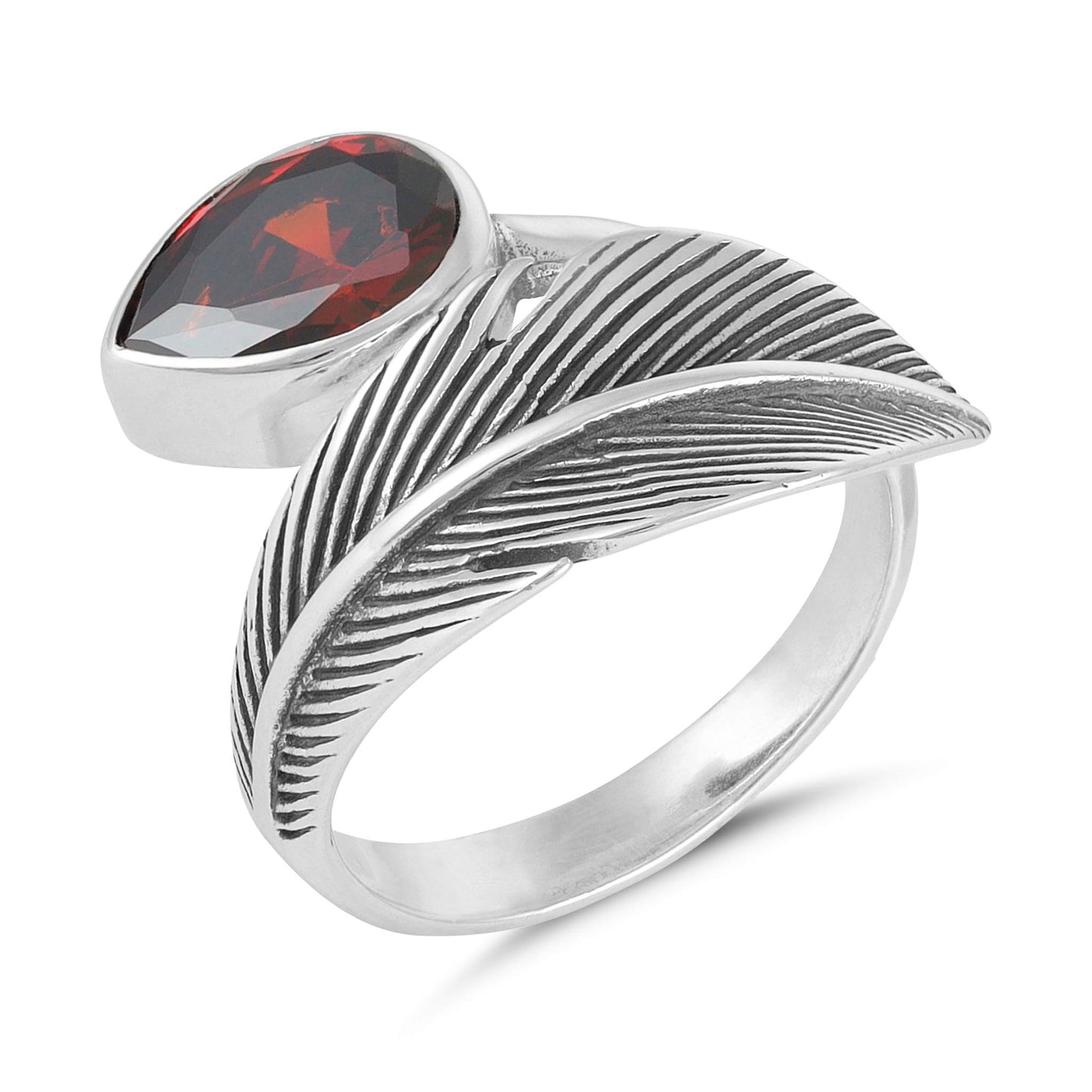 Sterling Silver Leaf Design Red Gemstone Ring