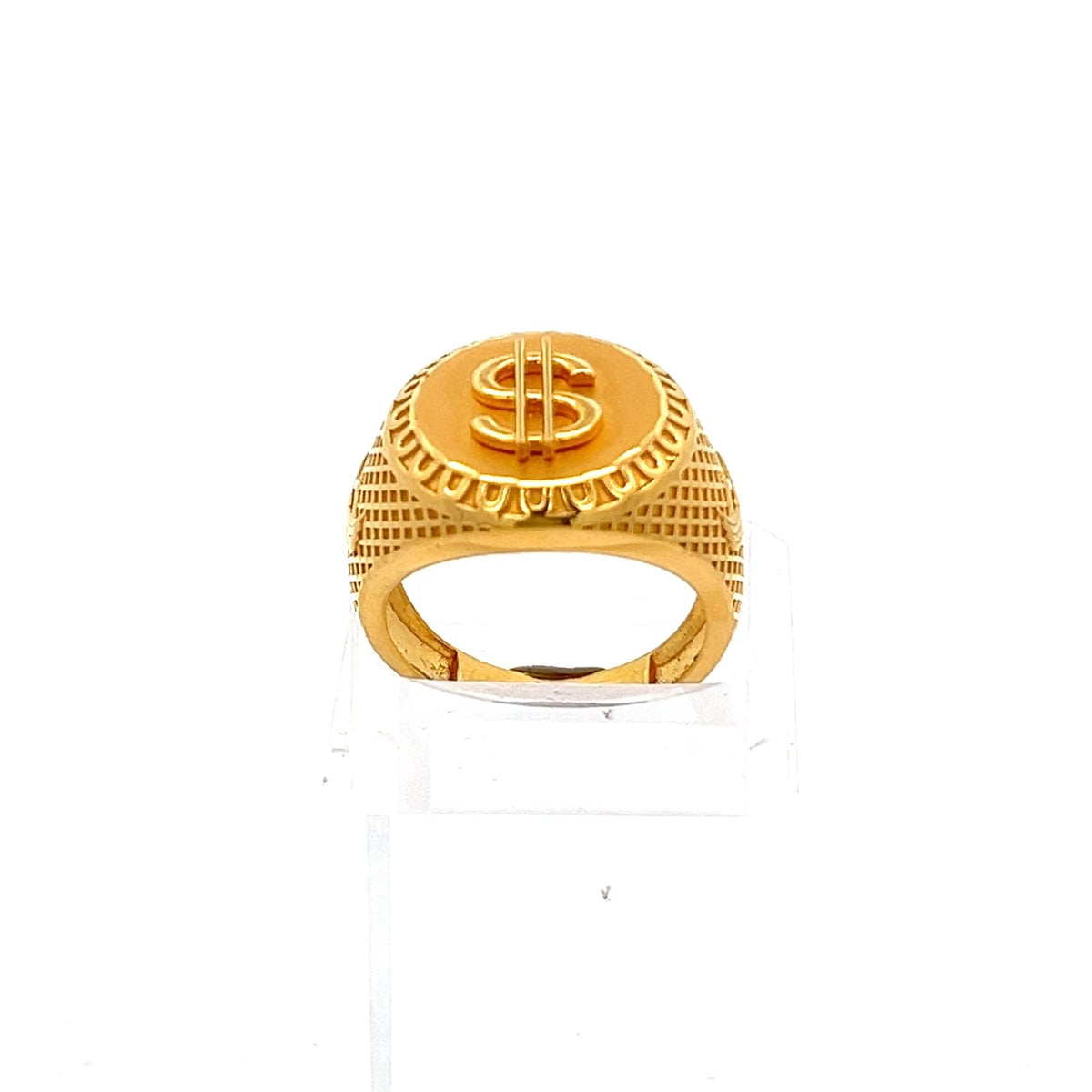 22ct Gold Dollar Symbol Signet Ring with Lattice Detail - FJewellery
