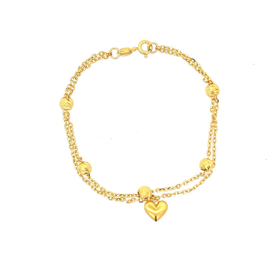 22ct Gold Double Chain Bracelet with Textured Beads and Heart - FJewellery