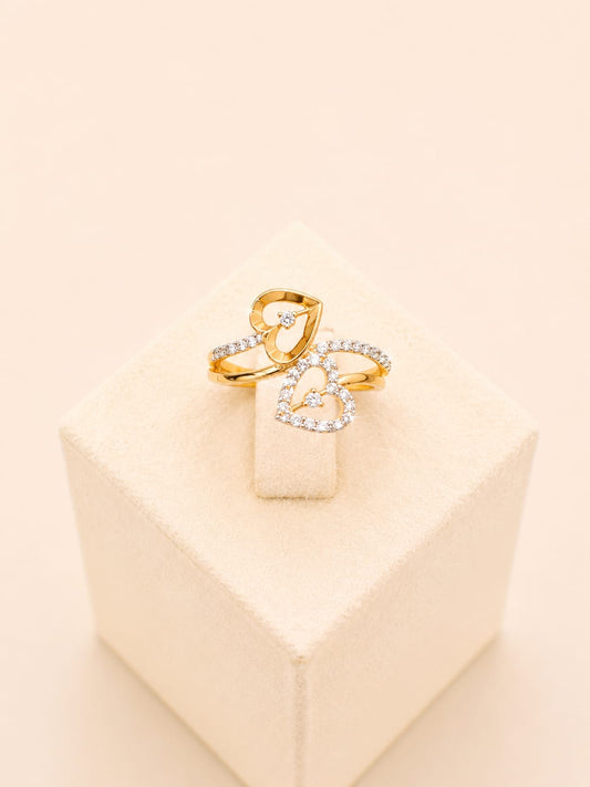 22ct Gold Double Heart Clear Stone Cluster Ring - FJewellery